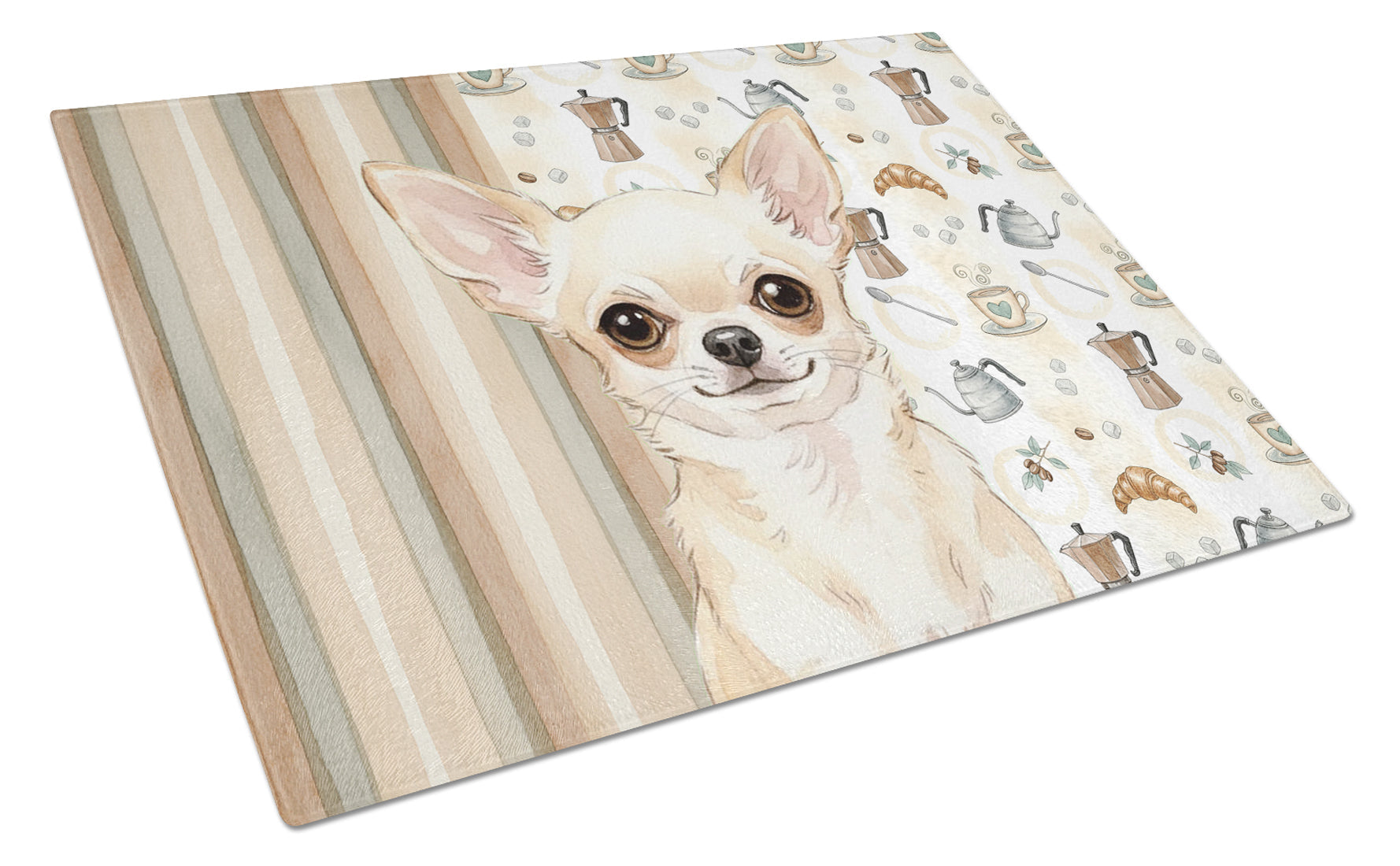 Cream Chihuahua Coffee Bar Cutting Board Tempered Glass Kitchen Cutting Surface, Heat Resistant Chopping, Non-Slip Feet, Food Prep & Serving