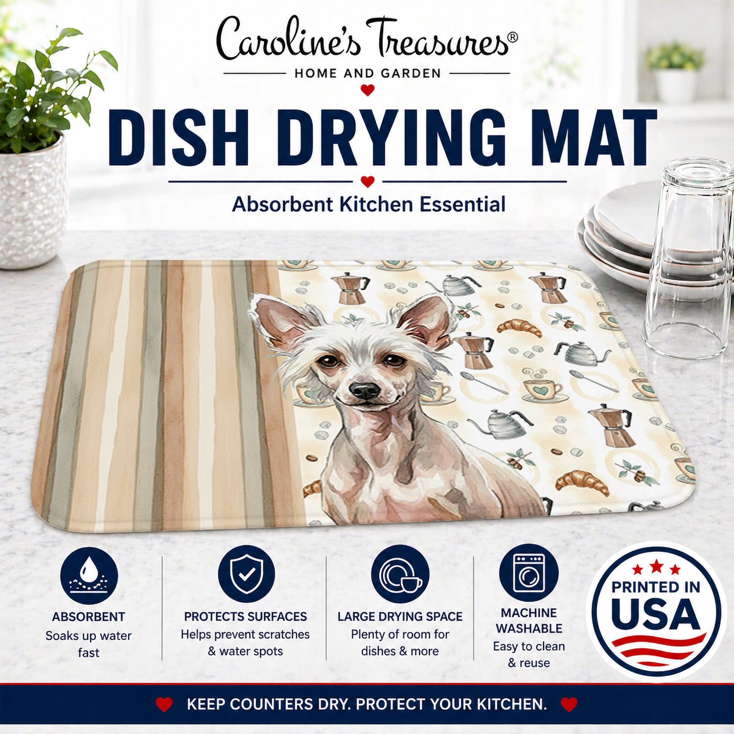 Hairless Chinese Crested Coffee Bar Dish Drying Mat Absorbent Dish Drying Mat Pad for Kitchen Counter Dish Drainer Mat for Countertop, 14 x 21", Multicolor
