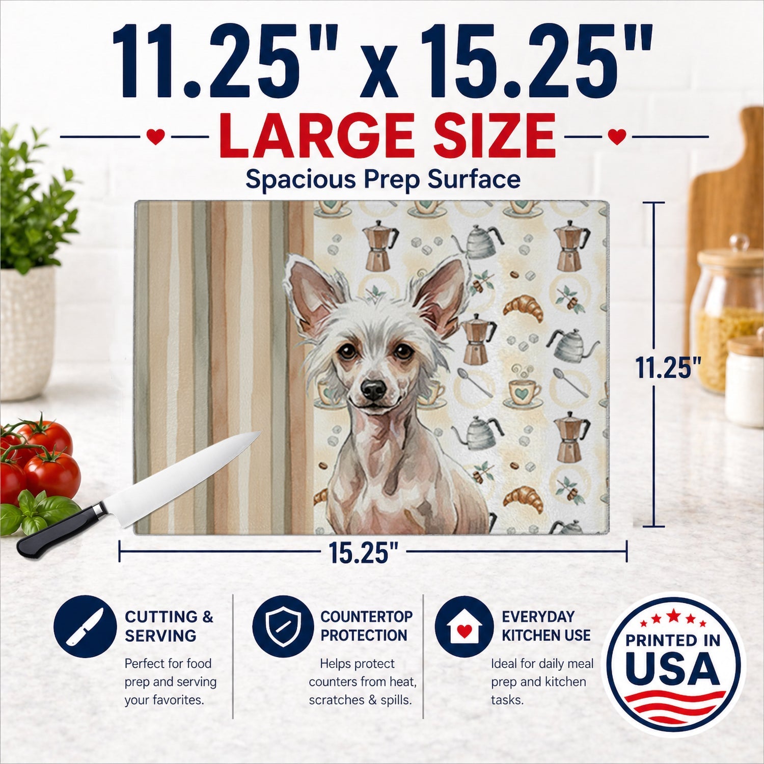 Hairless Chinese Crested Coffee Bar Cutting Board Tempered Glass Kitchen Cutting Surface, Heat Resistant Chopping, Non-Slip Feet, Food Prep & Serving