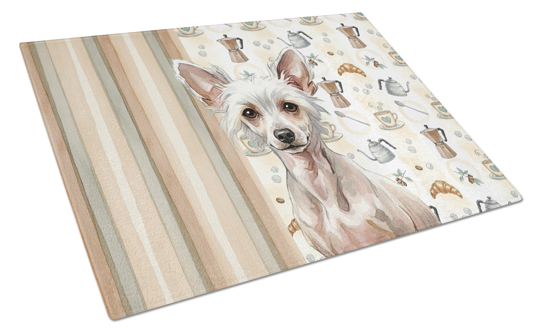 Hairless Chinese Crested Coffee Bar Cutting Board Tempered Glass Kitchen Cutting Surface, Heat Resistant Chopping, Non-Slip Feet, Food Prep & Serving