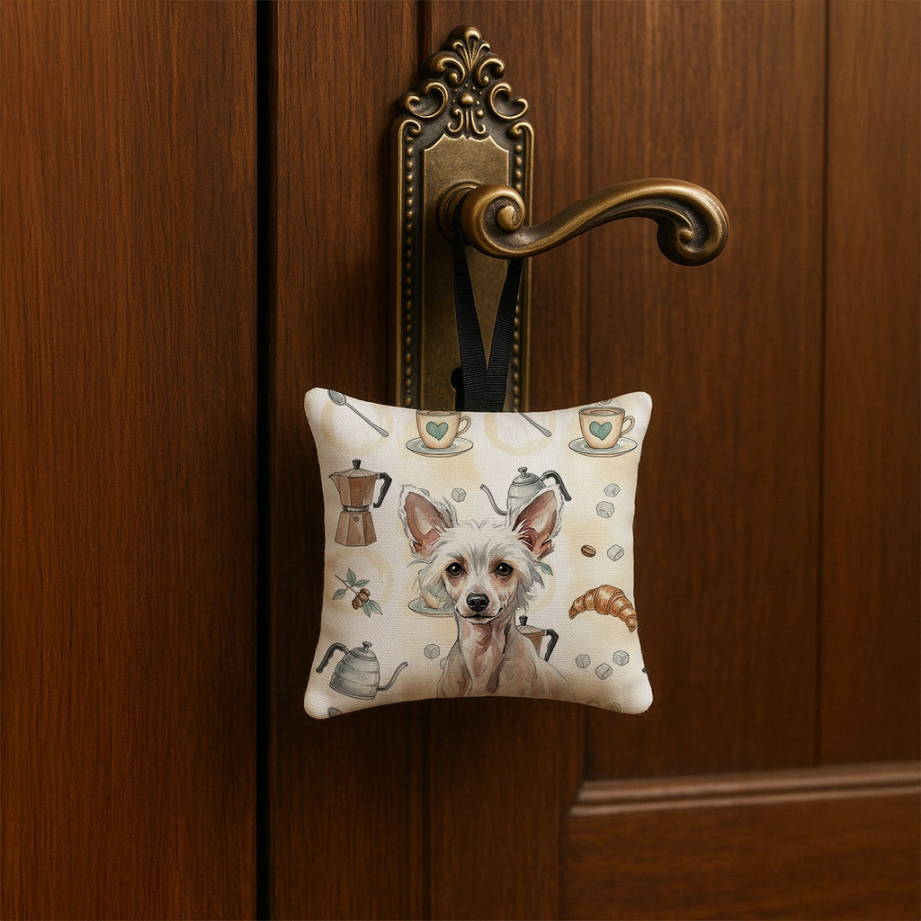 Hairless Chinese Crested Coffee Bar Hanging Square Fabric Ornament 3.5 � 3.5 Decorative Door-Knob & Tree Hanger, Soft Fabric