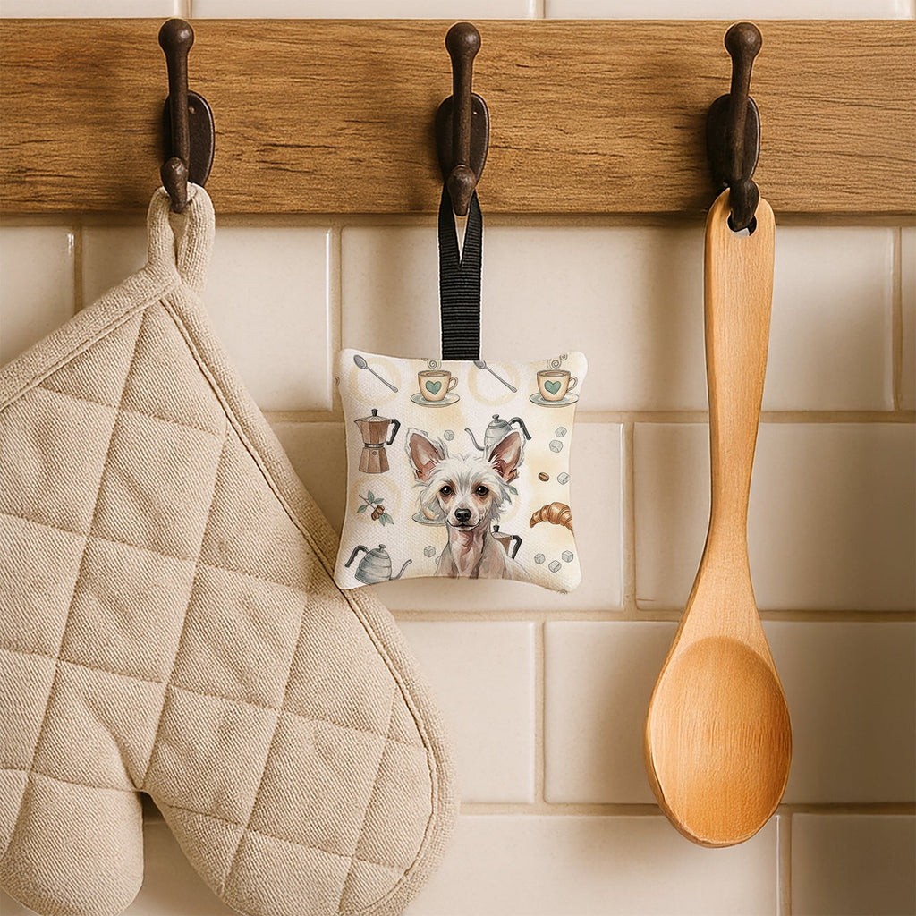 Hairless Chinese Crested Coffee Bar Hanging Square Fabric Ornament 3.5 � 3.5 Decorative Door-Knob & Tree Hanger, Soft Fabric