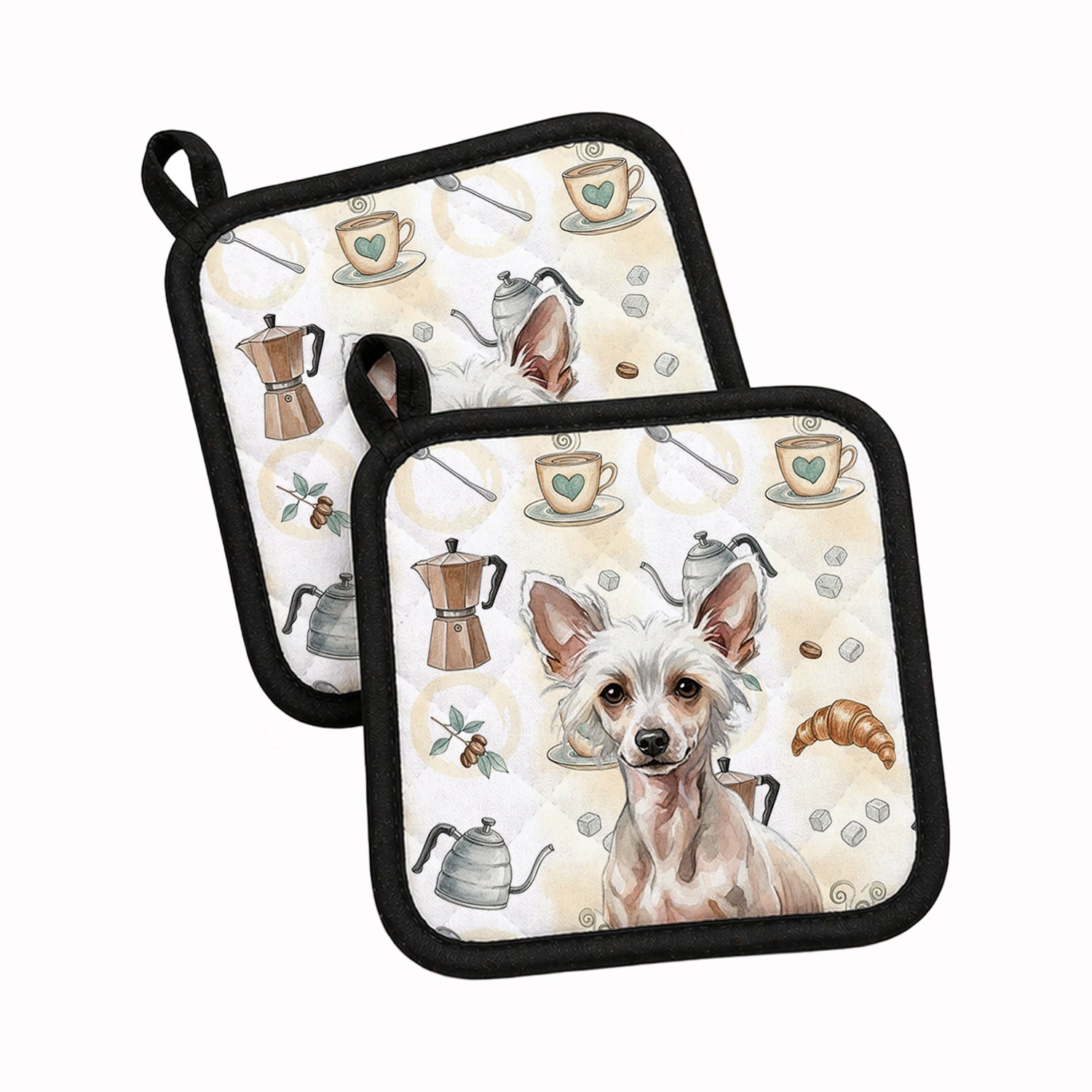 Hairless Chinese Crested Coffee Bar Pot Holder Set of 2 Heat Resistant Quilted Hot Pads 7.5 x 7.5 Inch, Insulated Kitchen Trivets for Cooking & Baking
