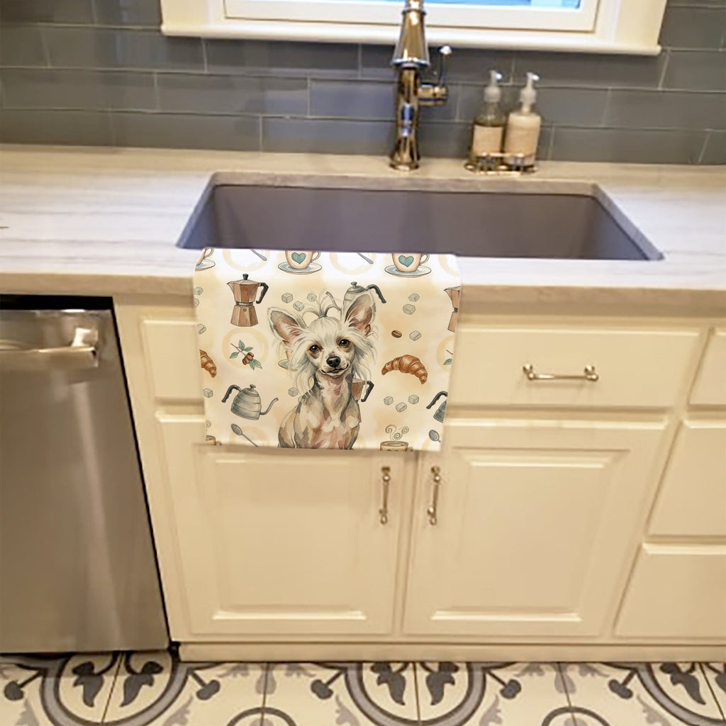 Hairless Mottled Pattern Chinese Crested Coffee Bar Kitchen Towel Velour Plush Front and Cotton Loop Back Machine Washable