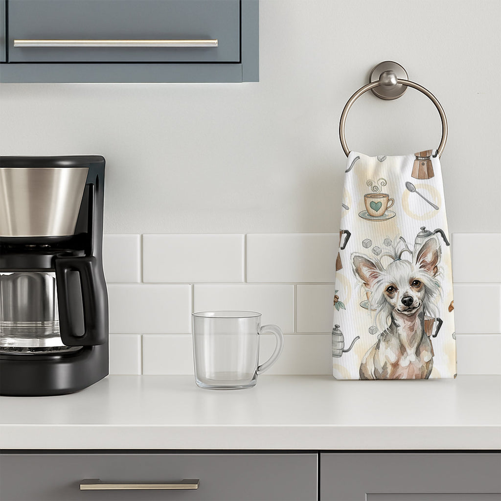 Hairless Mottled Pattern Chinese Crested Coffee Bar Kitchen Towel Velour Plush Front and Cotton Loop Back Machine Washable
