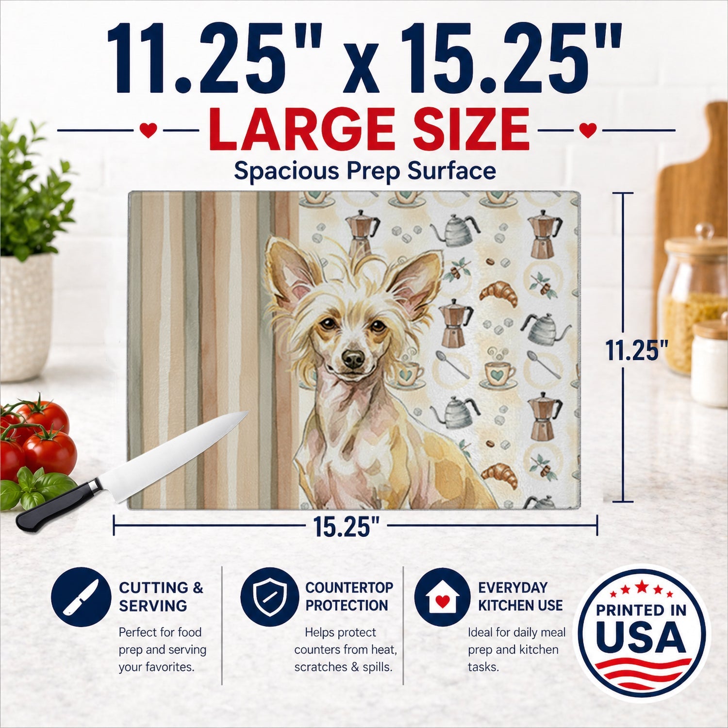 Hairless Palomino Chinese Crested Coffee Bar Cutting Board Tempered Glass Kitchen Cutting Surface, Heat Resistant Chopping, Non-Slip Feet, Food Prep & Serving