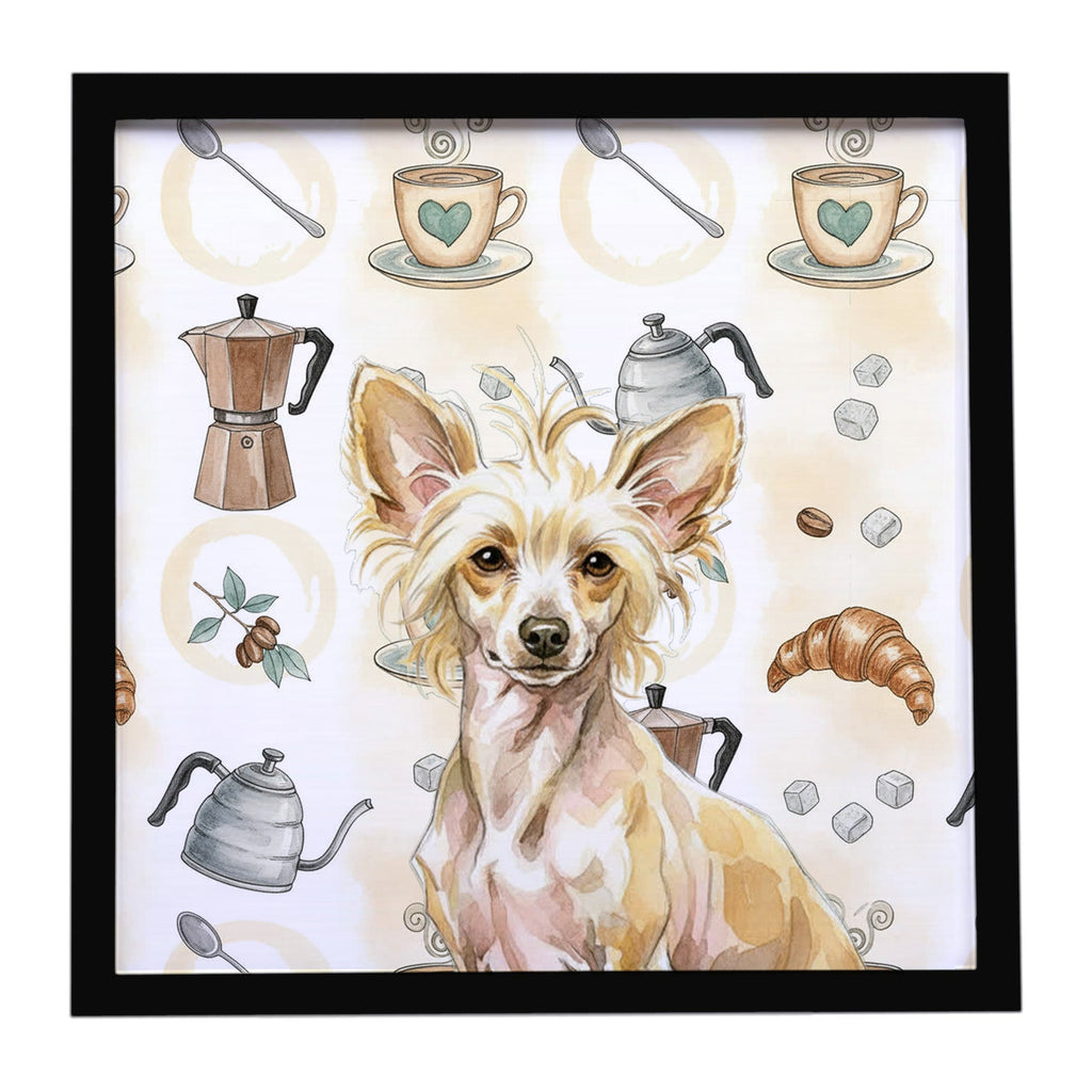 Hairless Palomino Chinese Crested Coffee Bar Framed Metal Print Bathroom, Kitchen, Office, Home Decor Wall Art Ready to Hang, Square, 8X8