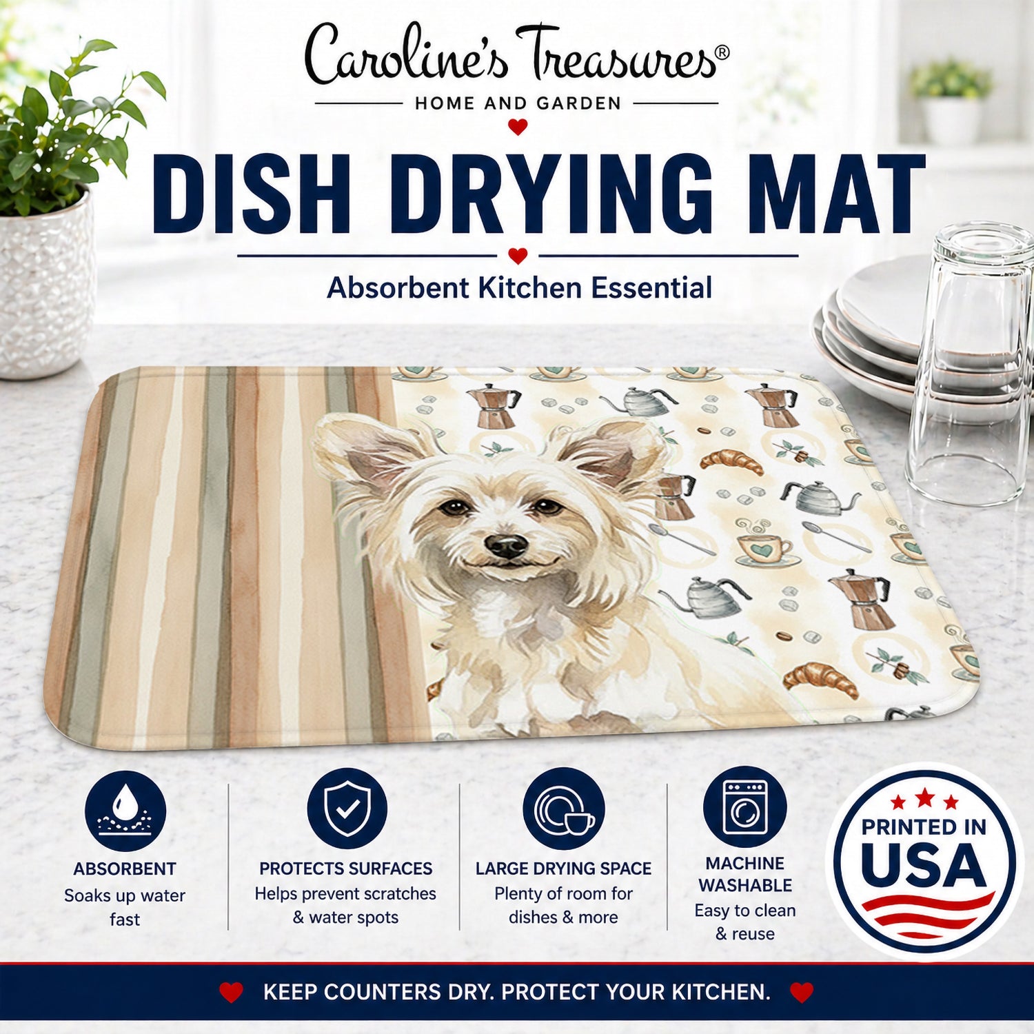 Powderpuff Chinese Crested Coffee Bar Dish Drying Mat Absorbent Dish Drying Mat Pad for Kitchen Counter Dish Drainer Mat for Countertop, 14 x 21", Multicolor