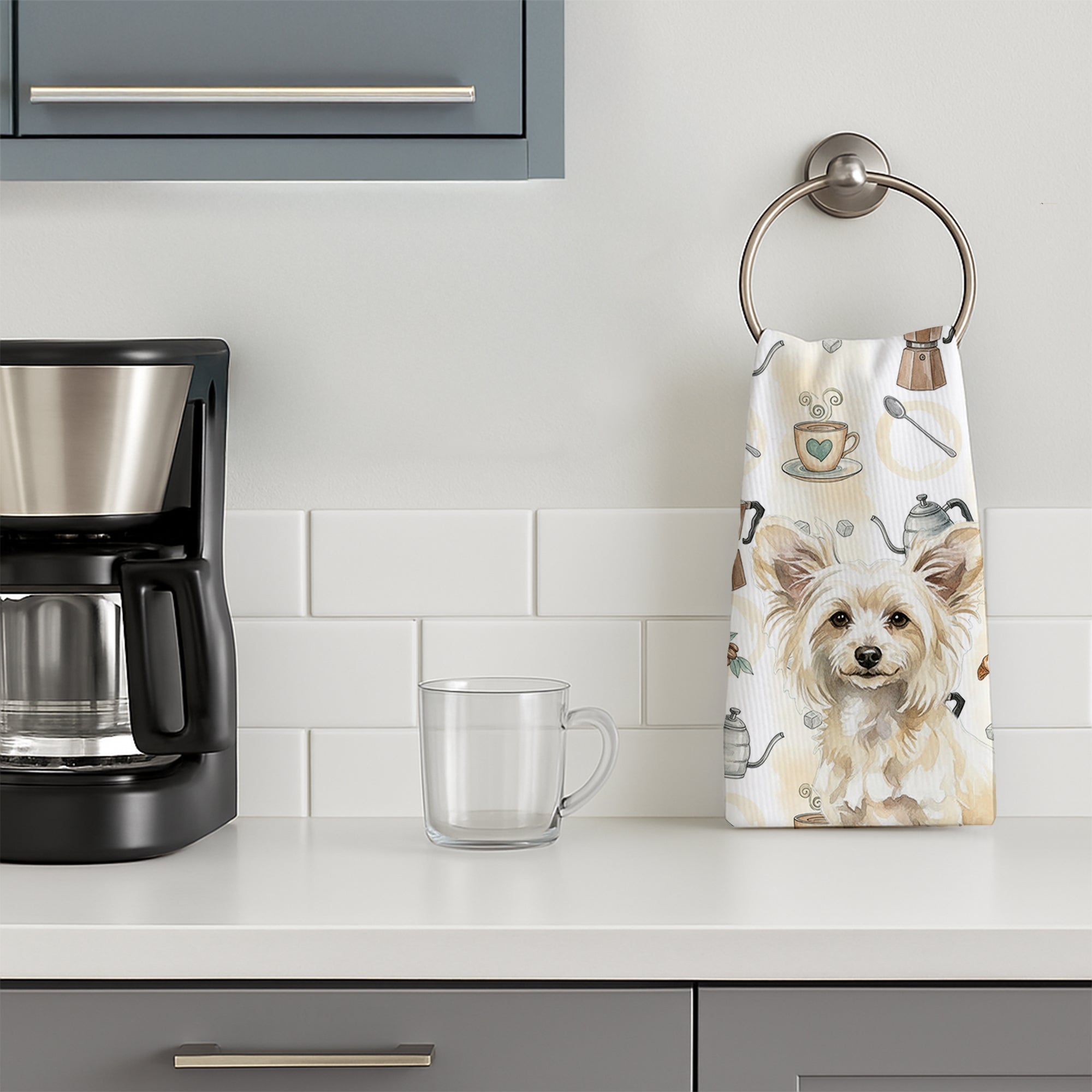 Powderpuff Chinese Crested Coffee Bar Kitchen Towel Velour Plush Front and Cotton Loop Back Machine Washable