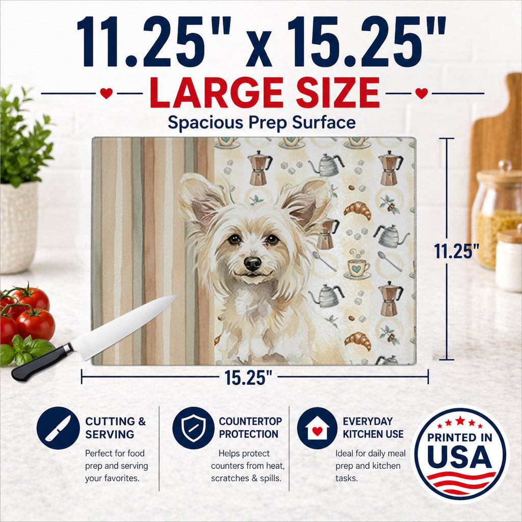 Powderpuff Chinese Crested Coffee Bar Cutting Board Tempered Glass Kitchen Cutting Surface, Heat Resistant Chopping, Non-Slip Feet, Food Prep & Serving