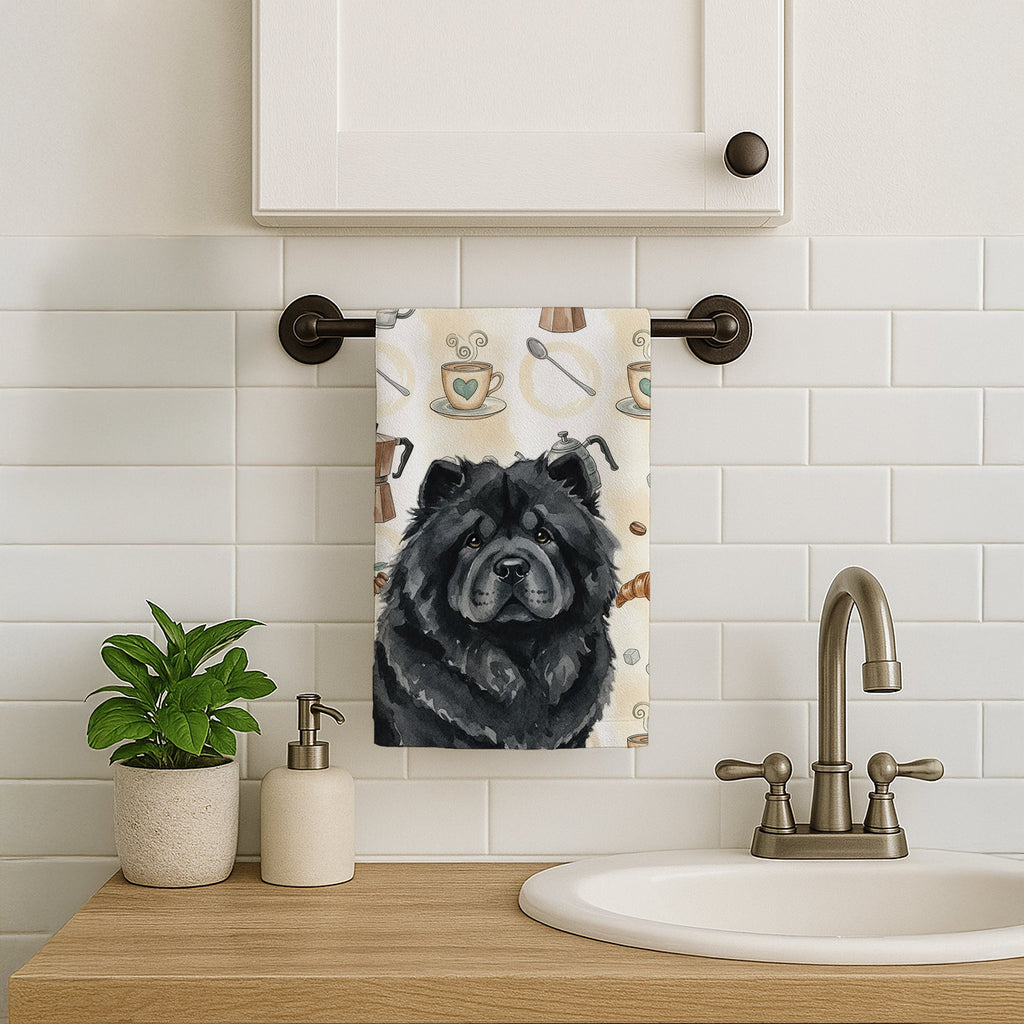 Black Chow Chow Coffee Bar Kitchen Towel Velour Plush Front and Cotton Loop Back Machine Washable