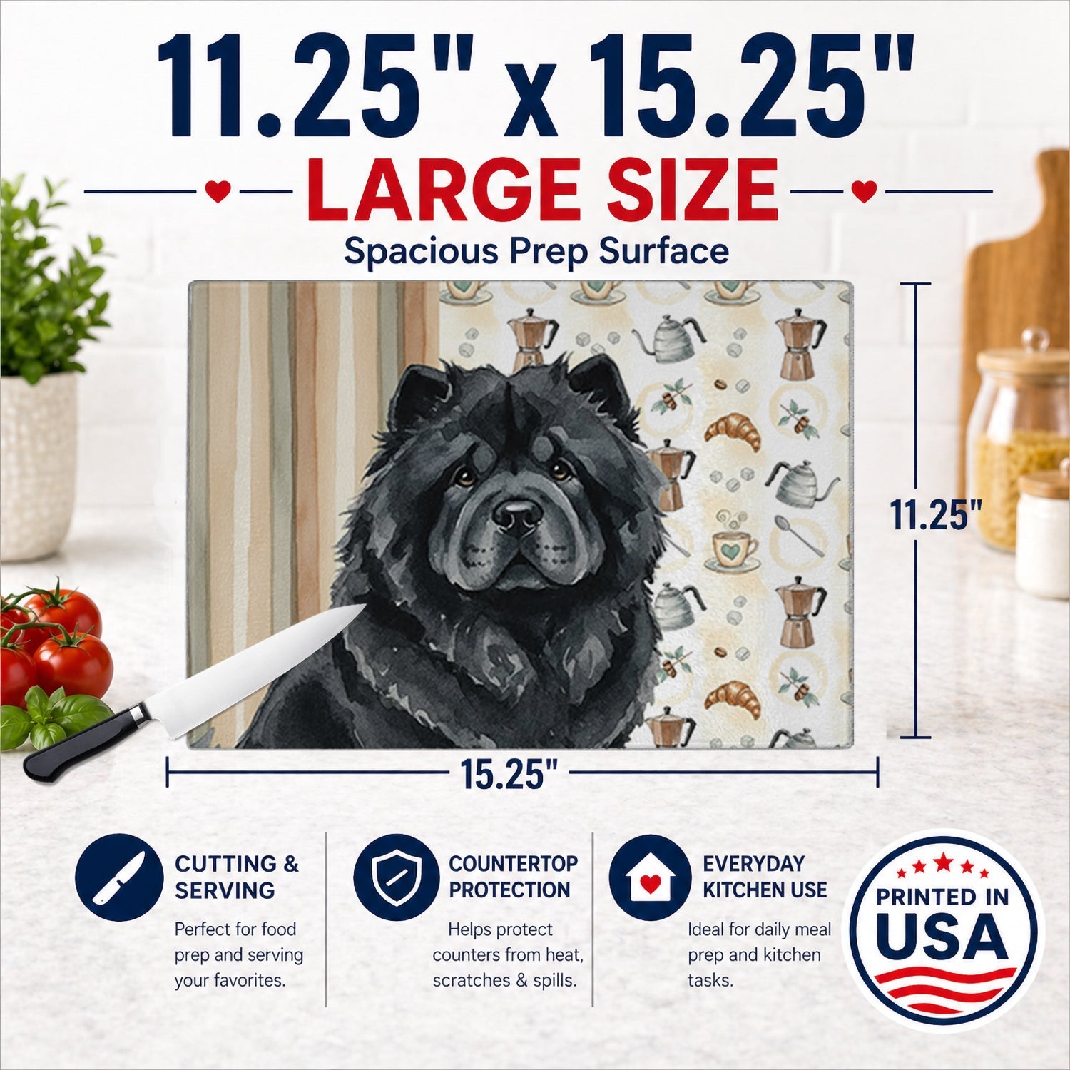 Black Chow Chow Coffee Bar Cutting Board Tempered Glass Kitchen Cutting Surface, Heat Resistant Chopping, Non-Slip Feet, Food Prep & Serving