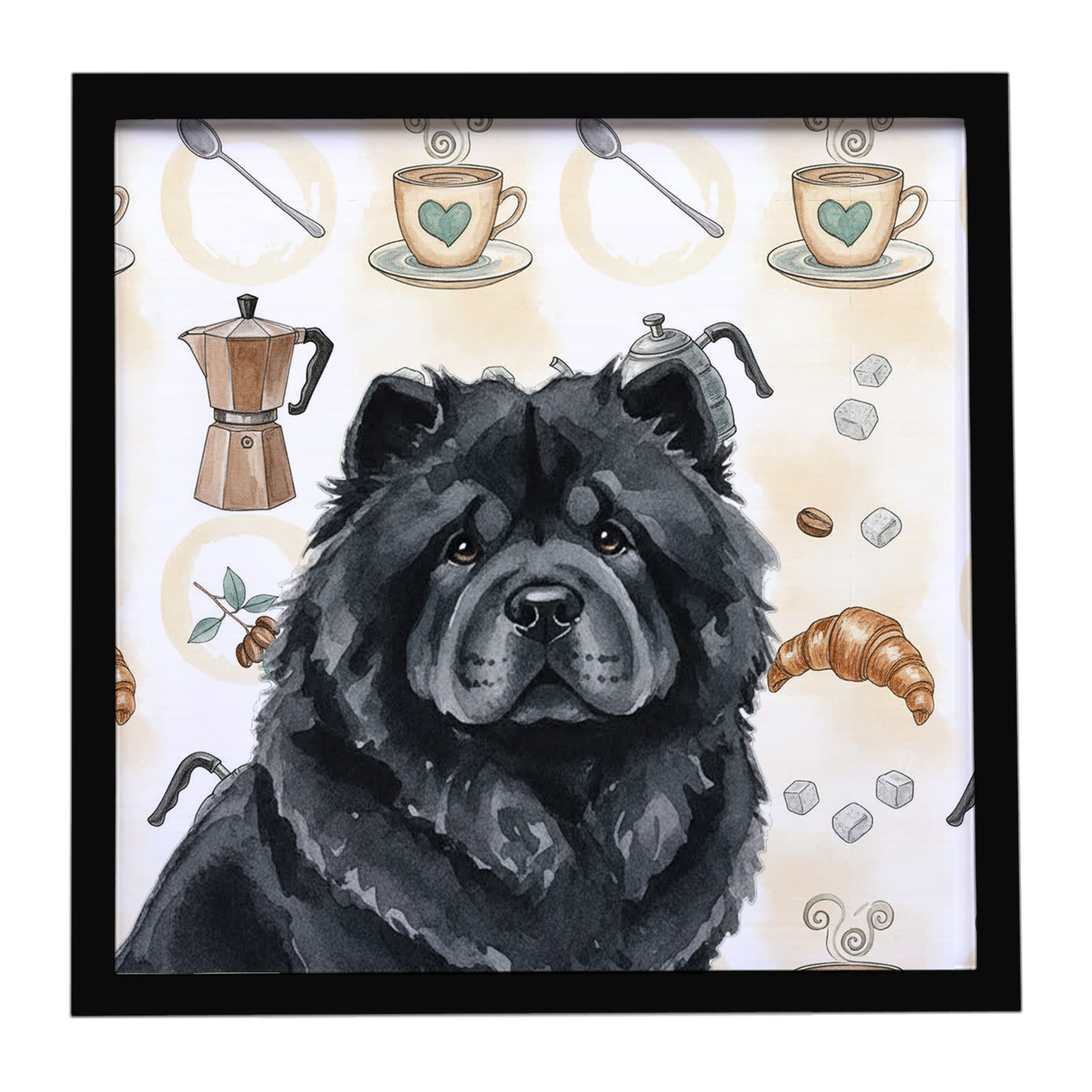 Black Chow Chow Coffee Bar Framed Metal Print Bathroom, Kitchen, Office, Home Decor Wall Art Ready to Hang, Square, 8X8