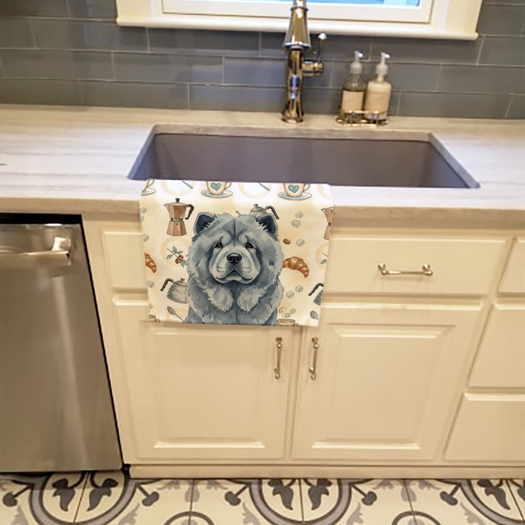 Blue Chow Chow Coffee Bar Kitchen Towel Velour Plush Front and Cotton Loop Back Machine Washable