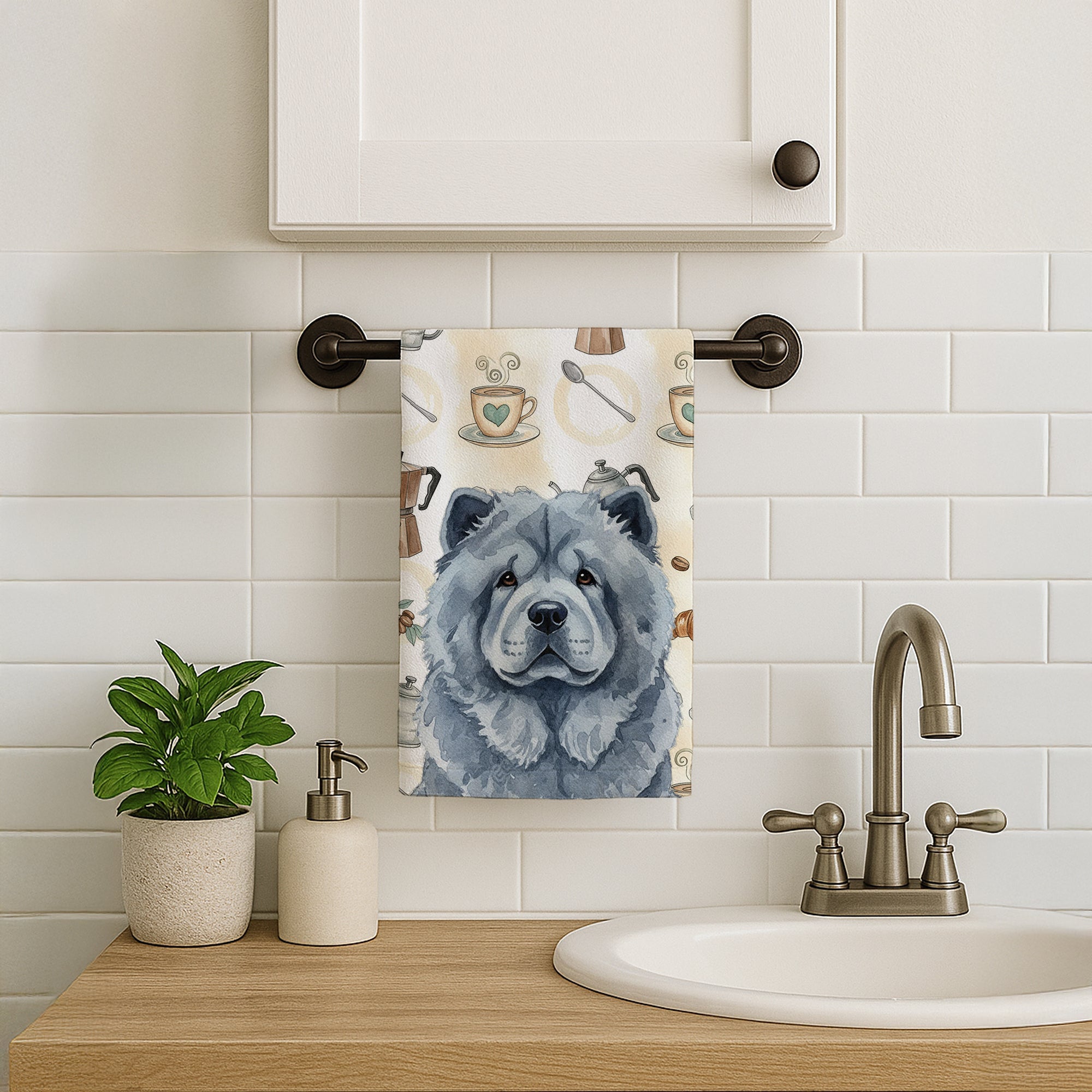 Blue Chow Chow Coffee Bar Kitchen Towel Velour Plush Front and Cotton Loop Back Machine Washable