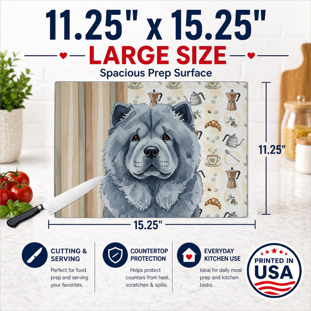 Blue Chow Chow Coffee Bar Cutting Board Tempered Glass Kitchen Cutting Surface, Heat Resistant Chopping, Non-Slip Feet, Food Prep & Serving