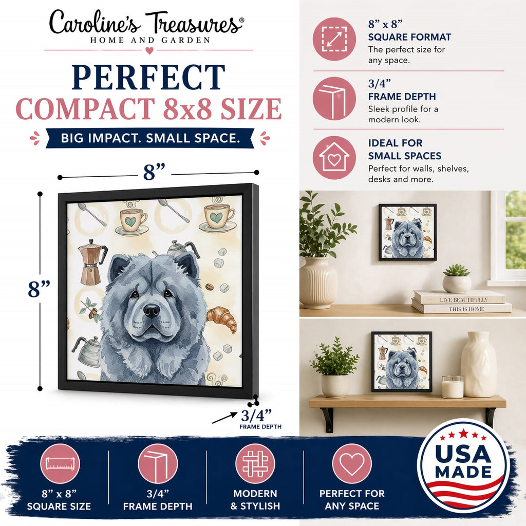 Blue Chow Chow Coffee Bar Framed Metal Print Bathroom, Kitchen, Office, Home Decor Wall Art Ready to Hang, Square, 8X8