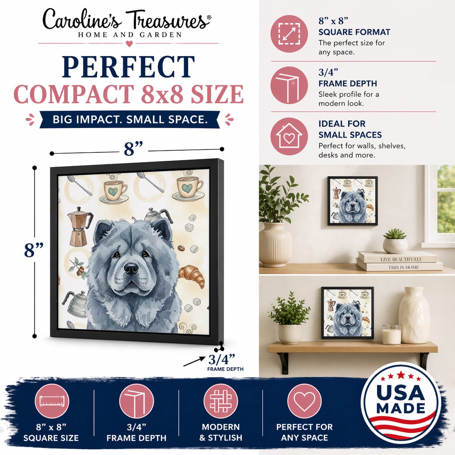 Blue Chow Chow Coffee Bar Framed Metal Print Bathroom, Kitchen, Office, Home Decor Wall Art Ready to Hang, Square, 8X8