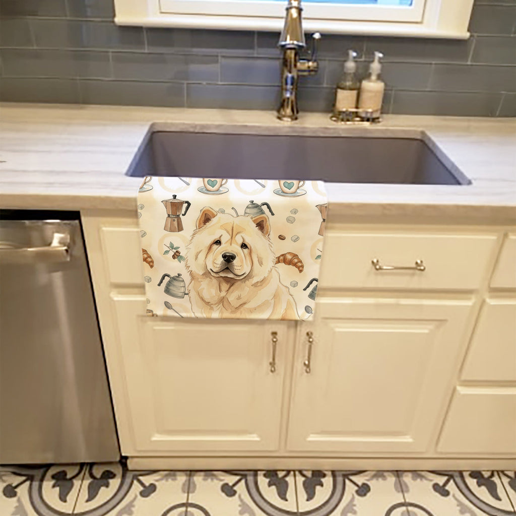 Cream Chow Chow Coffee Bar Kitchen Towel Velour Plush Front and Cotton Loop Back Machine Washable