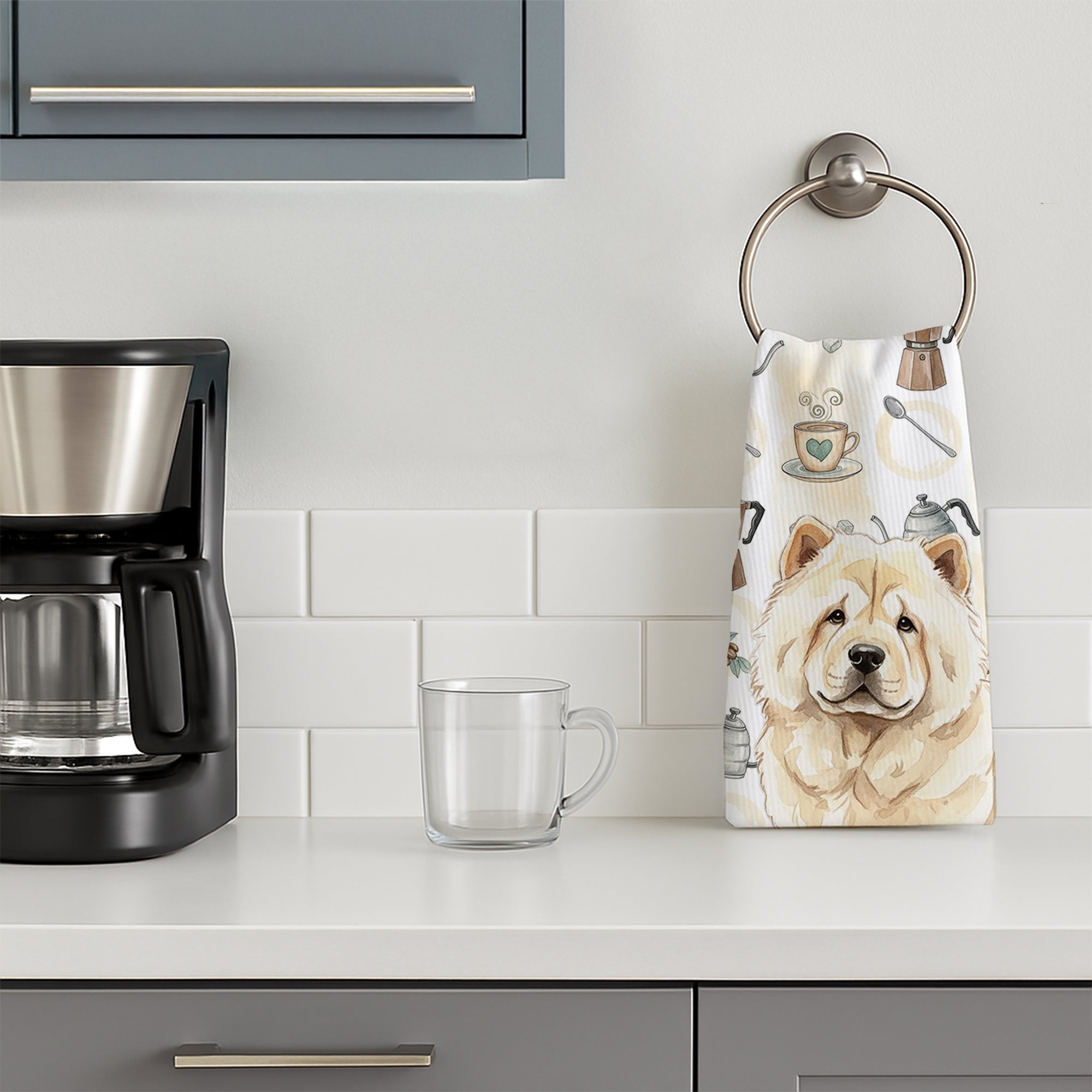 Cream Chow Chow Coffee Bar Kitchen Towel Velour Plush Front and Cotton Loop Back Machine Washable
