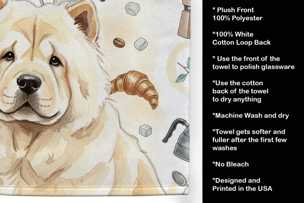 Cream Chow Chow Coffee Bar Kitchen Towel Velour Plush Front and Cotton Loop Back Machine Washable
