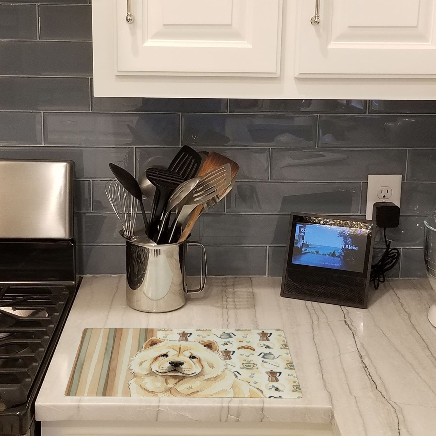 Cream Chow Chow Coffee Bar Cutting Board Tempered Glass Kitchen Cutting Surface, Heat Resistant Chopping, Non-Slip Feet, Food Prep & Serving