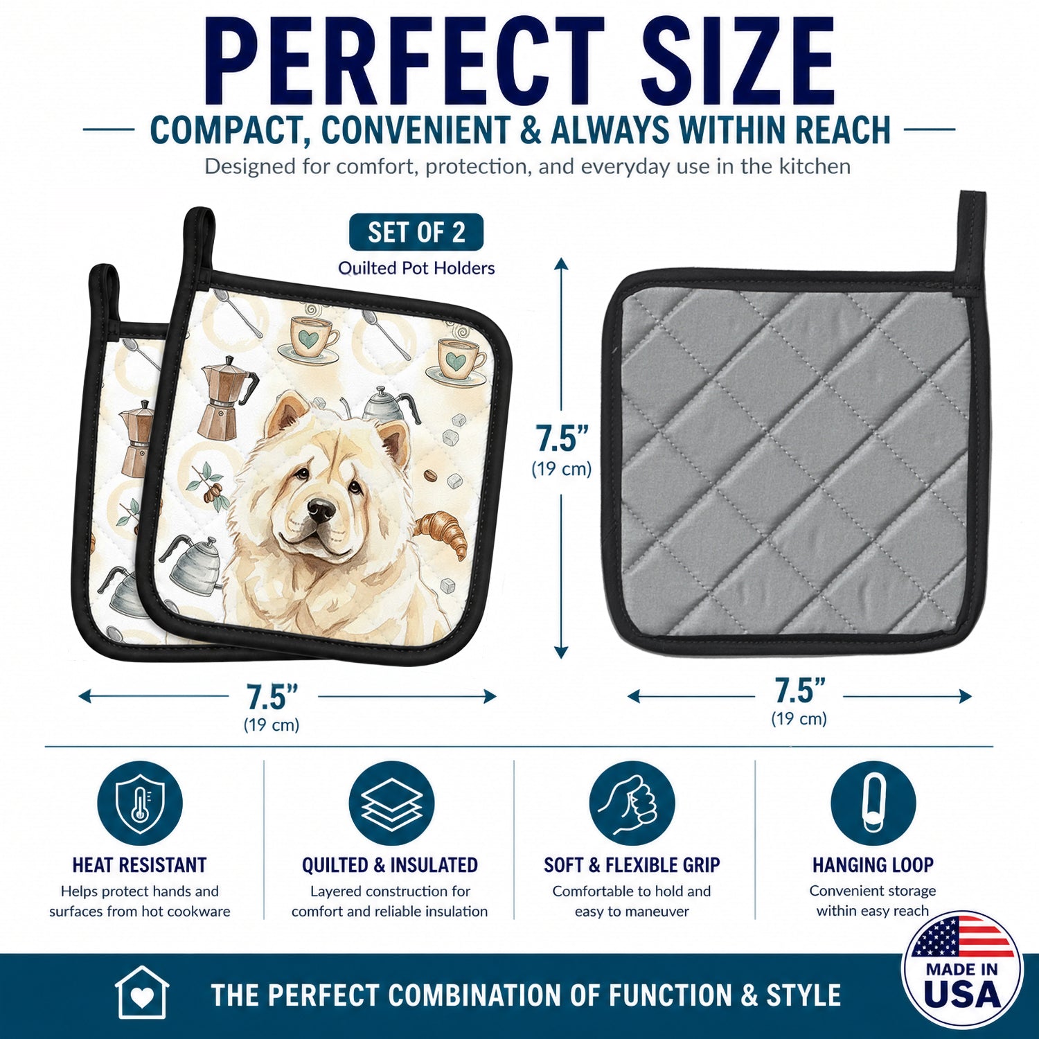 Cream Chow Chow Coffee Bar Pot Holder Set of 2 Heat Resistant Quilted Hot Pads 7.5 x 7.5 Inch, Insulated Kitchen Trivets for Cooking & Baking