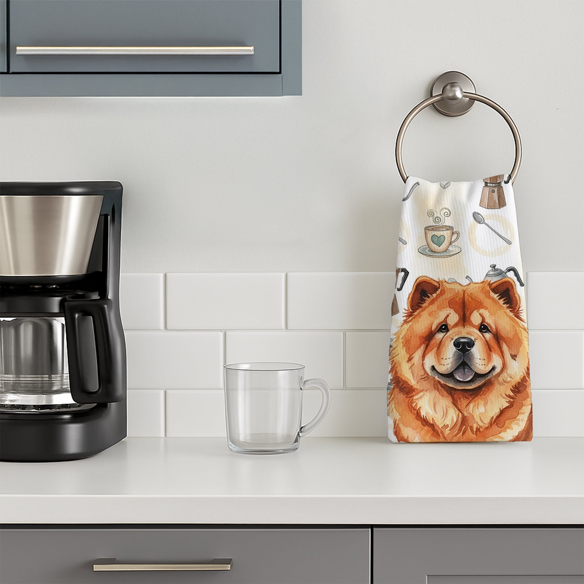 Red Chow Chow Coffee Bar Kitchen Towel Velour Plush Front and Cotton Loop Back Machine Washable