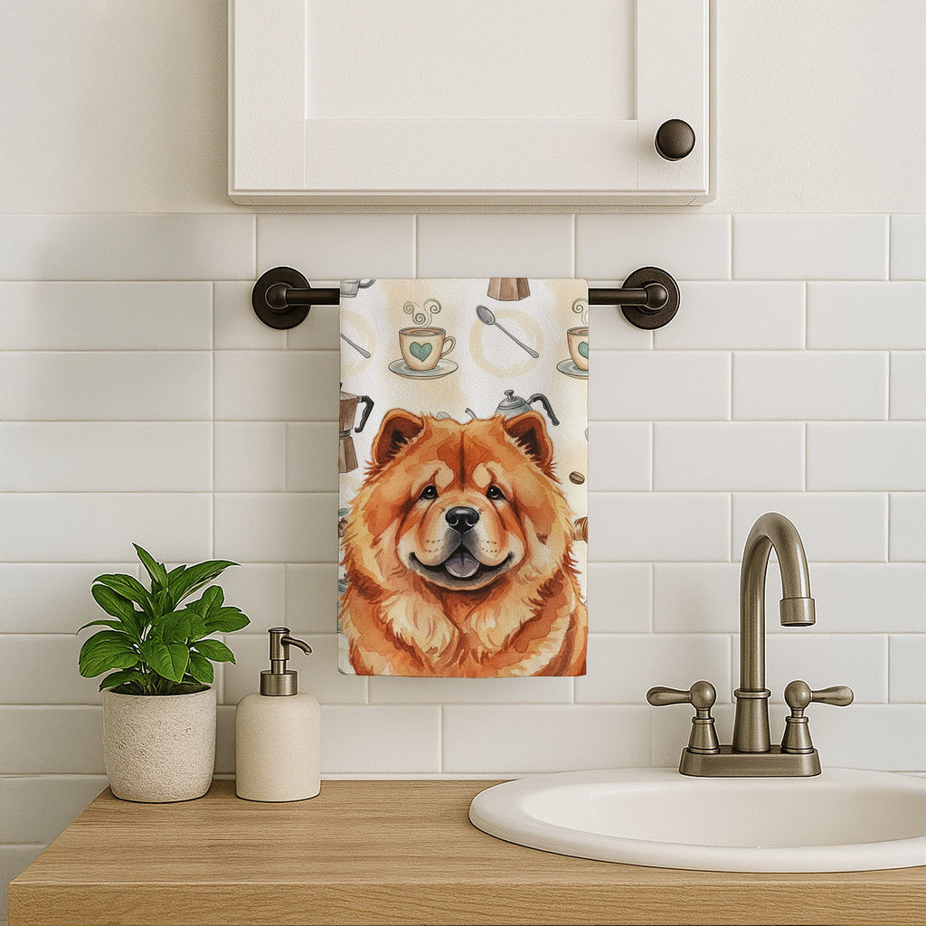 Red Chow Chow Coffee Bar Kitchen Towel Velour Plush Front and Cotton Loop Back Machine Washable