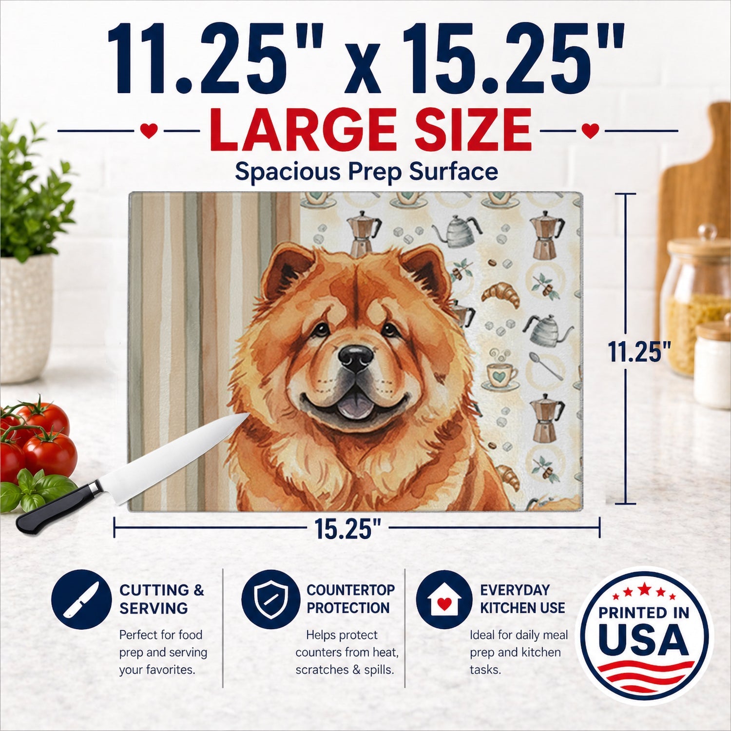 Red Chow Chow Coffee Bar Cutting Board Tempered Glass Kitchen Cutting Surface, Heat Resistant Chopping, Non-Slip Feet, Food Prep & Serving