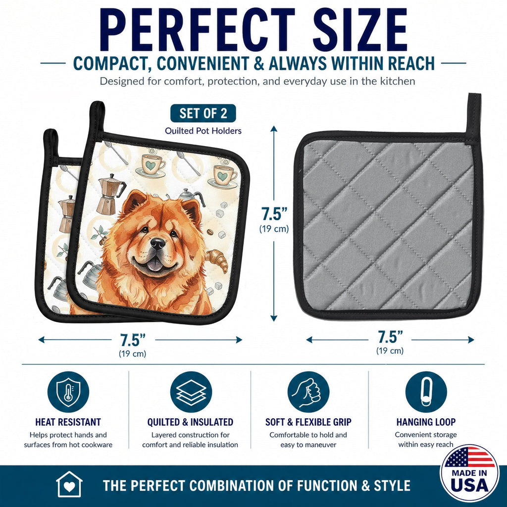 Red Chow Chow Coffee Bar Pot Holder Set of 2 Heat Resistant Quilted Hot Pads 7.5 x 7.5 Inch, Insulated Kitchen Trivets for Cooking & Baking
