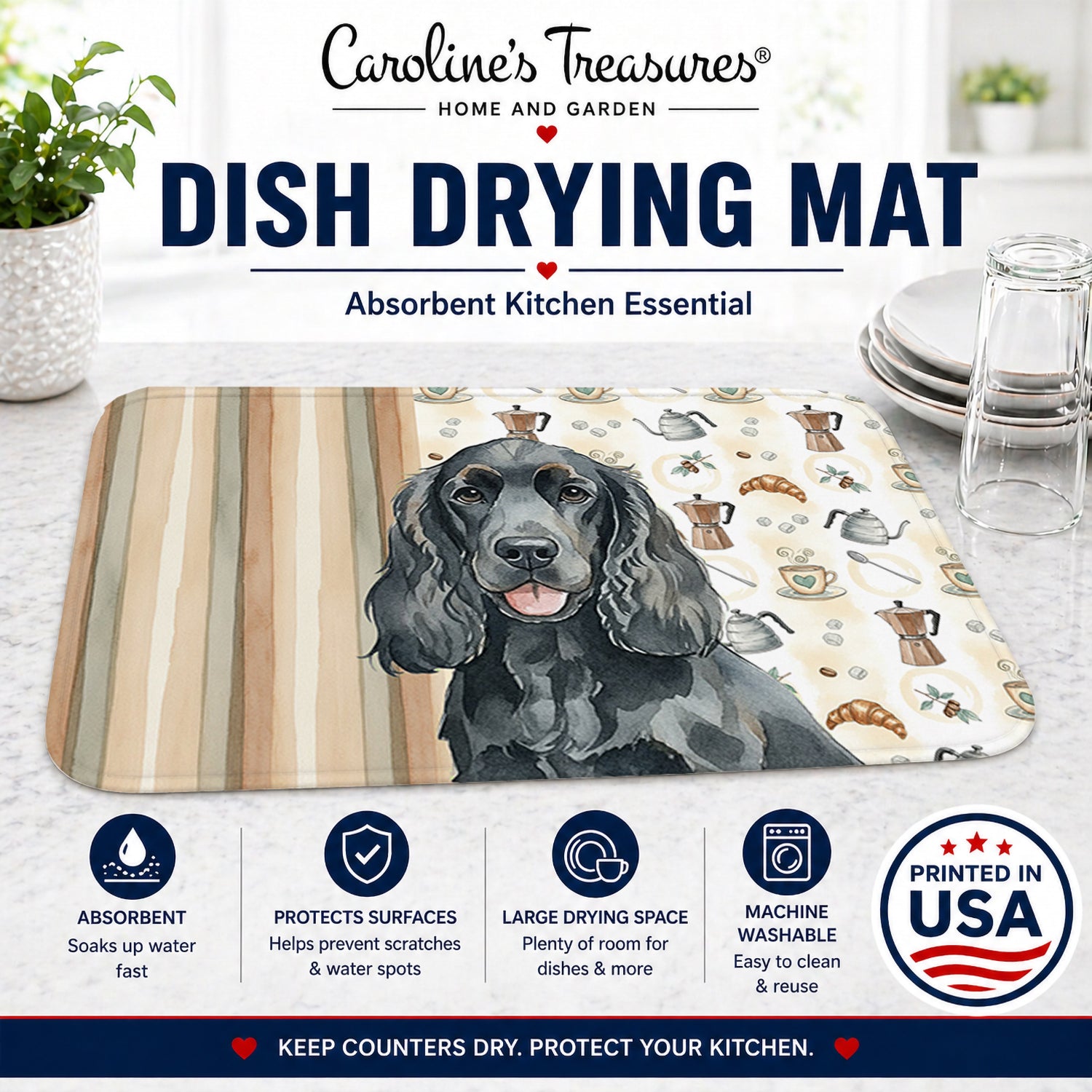 Black Cocker Spaniel Coffee Bar Dish Drying Mat Absorbent Dish Drying Mat Pad for Kitchen Counter Dish Drainer Mat for Countertop, 14 x 21", Multicolor