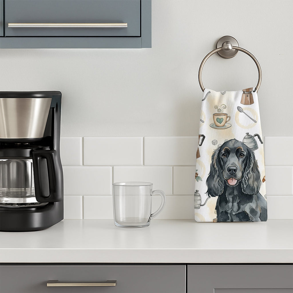 Black Cocker Spaniel Coffee Bar Kitchen Towel Velour Plush Front and Cotton Loop Back Machine Washable