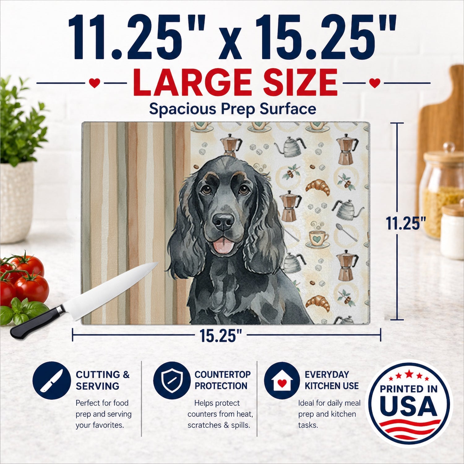 Black Cocker Spaniel Coffee Bar Cutting Board Tempered Glass Kitchen Cutting Surface, Heat Resistant Chopping, Non-Slip Feet, Food Prep & Serving