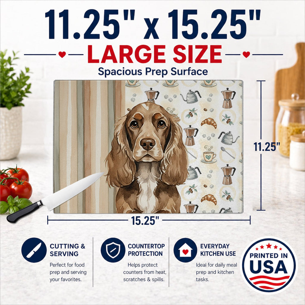 Chocolate Cocker Spaniel Coffee Bar Cutting Board Tempered Glass Kitchen Cutting Surface, Heat Resistant Chopping, Non-Slip Feet, Food Prep & Serving