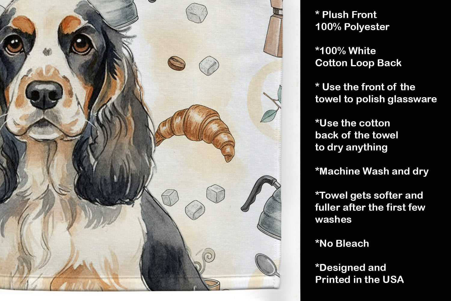 Parti Cocker Spaniel Coffee Bar Kitchen Towel Velour Plush Front and Cotton Loop Back Machine Washable