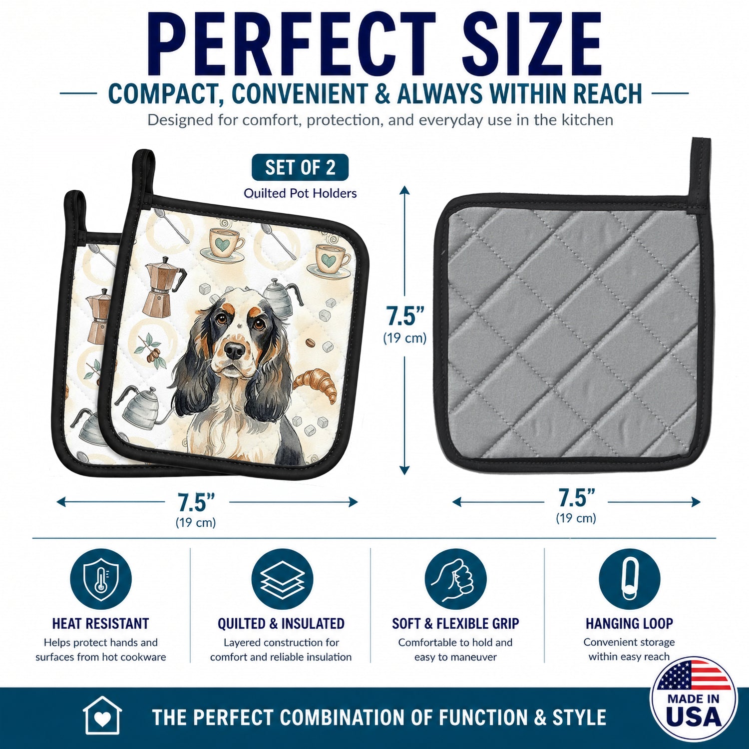 Parti Cocker Spaniel Coffee Bar Pot Holder Set of 2 Heat Resistant Quilted Hot Pads 7.5 x 7.5 Inch, Insulated Kitchen Trivets for Cooking & Baking