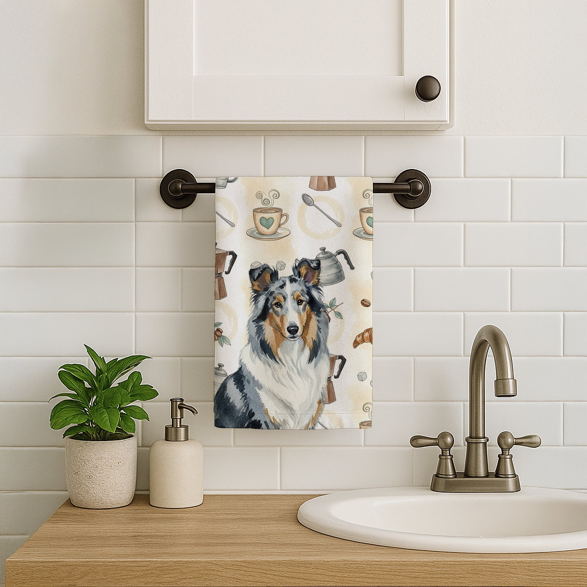 Blue Merle Collie Coffee Bar Kitchen Towel Velour Plush Front and Cotton Loop Back Machine Washable