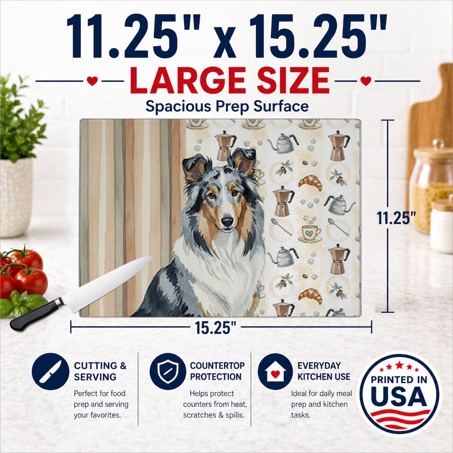 Blue Merle Collie Coffee Bar Cutting Board Tempered Glass Kitchen Cutting Surface, Heat Resistant Chopping, Non-Slip Feet, Food Prep & Serving