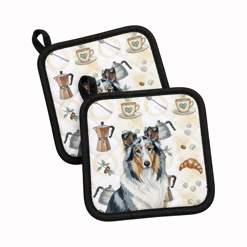 Blue Merle Collie Coffee Bar Pot Holder Set of 2 Heat Resistant Quilted Hot Pads 7.5 x 7.5 Inch, Insulated Kitchen Trivets for Cooking & Baking