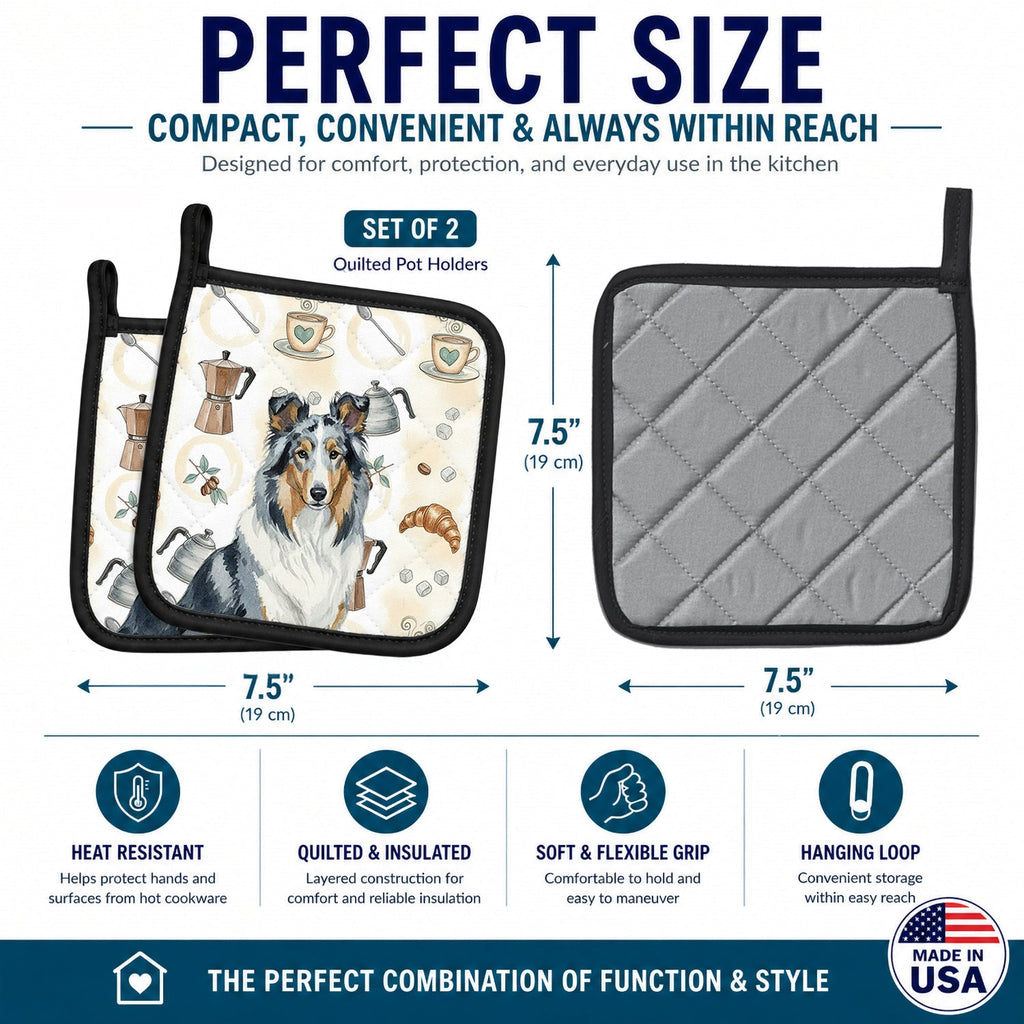 Blue Merle Collie Coffee Bar Pot Holder Set of 2 Heat Resistant Quilted Hot Pads 7.5 x 7.5 Inch, Insulated Kitchen Trivets for Cooking & Baking