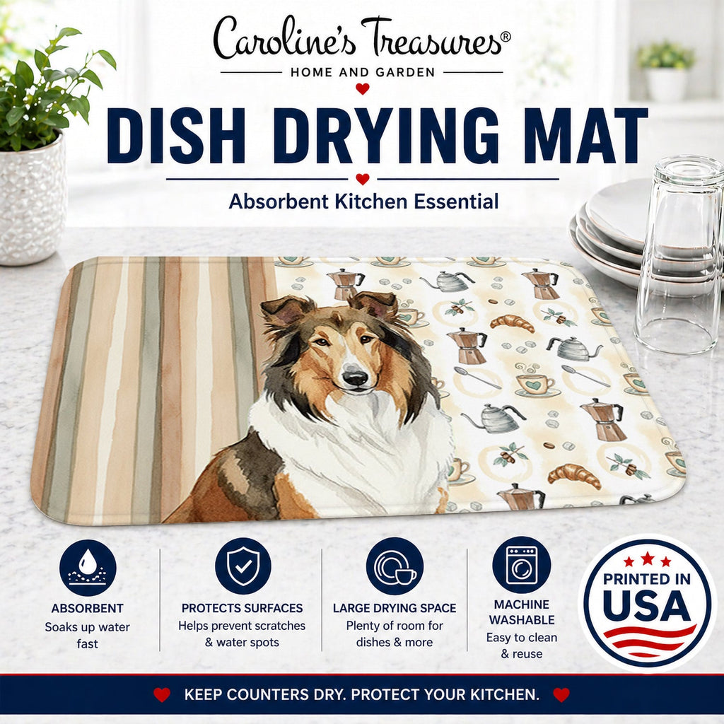 Sable Collie Coffee Bar Dish Drying Mat Absorbent Dish Drying Mat Pad for Kitchen Counter Dish Drainer Mat for Countertop, 14 x 21", Multicolor