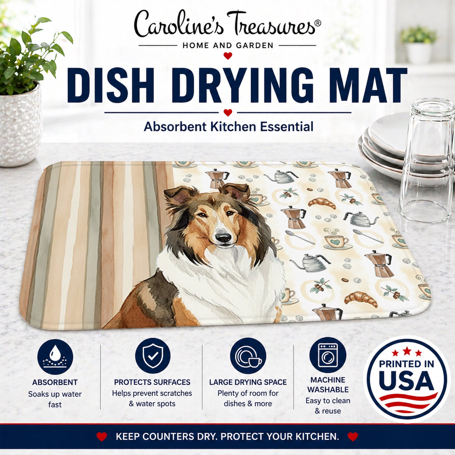 Sable Collie Coffee Bar Dish Drying Mat Absorbent Dish Drying Mat Pad for Kitchen Counter Dish Drainer Mat for Countertop, 14 x 21", Multicolor
