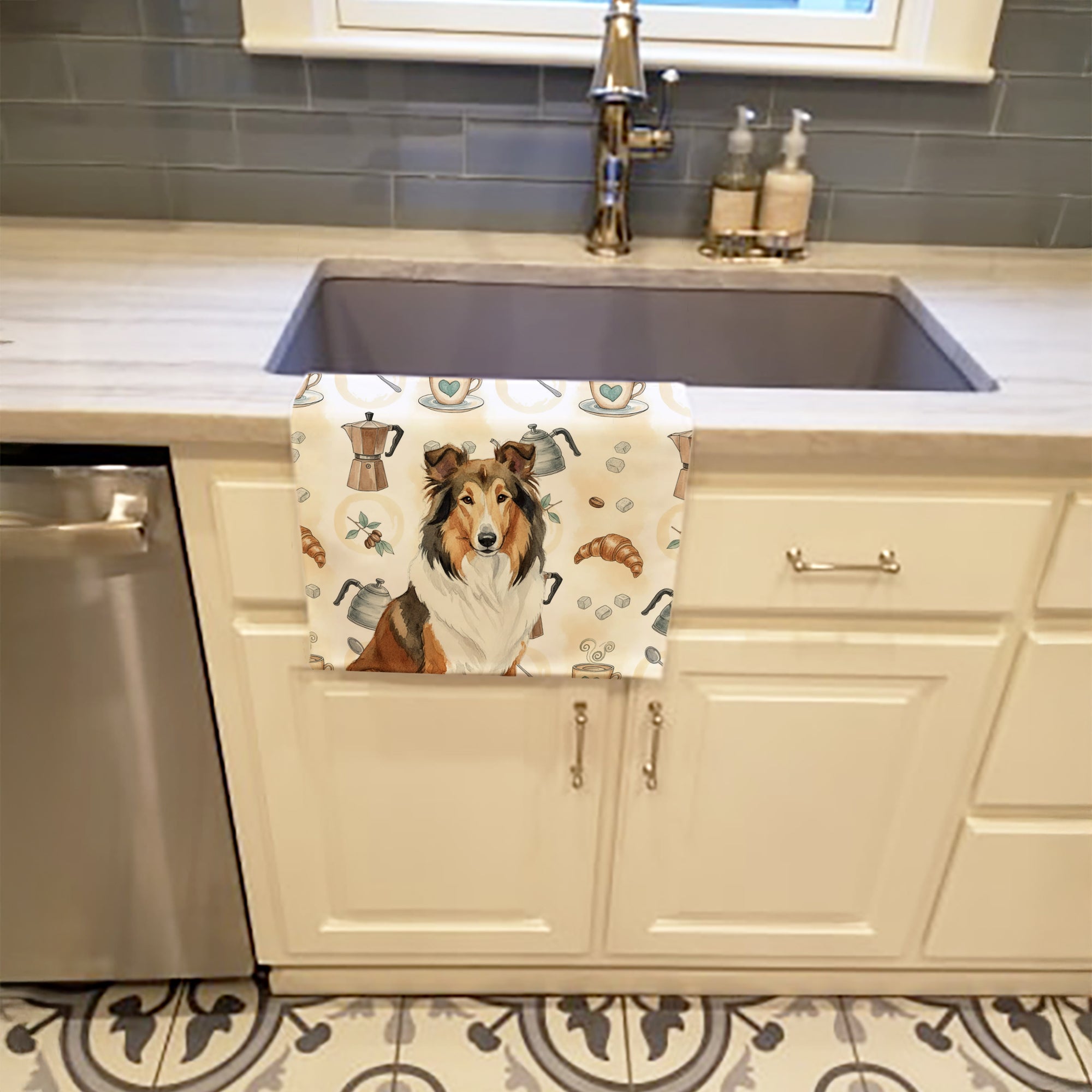 Sable Collie Coffee Bar Kitchen Towel Velour Plush Front and Cotton Loop Back Machine Washable
