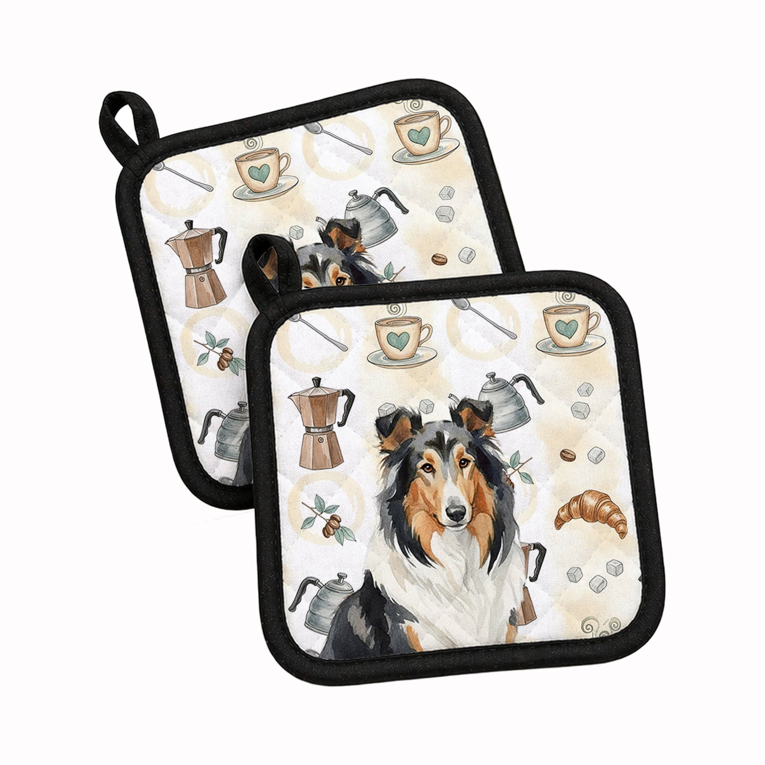 Tricolor Collie Coffee Bar Pot Holder Set of 2 Heat Resistant Quilted Hot Pads 7.5 x 7.5 Inch, Insulated Kitchen Trivets for Cooking & Baking