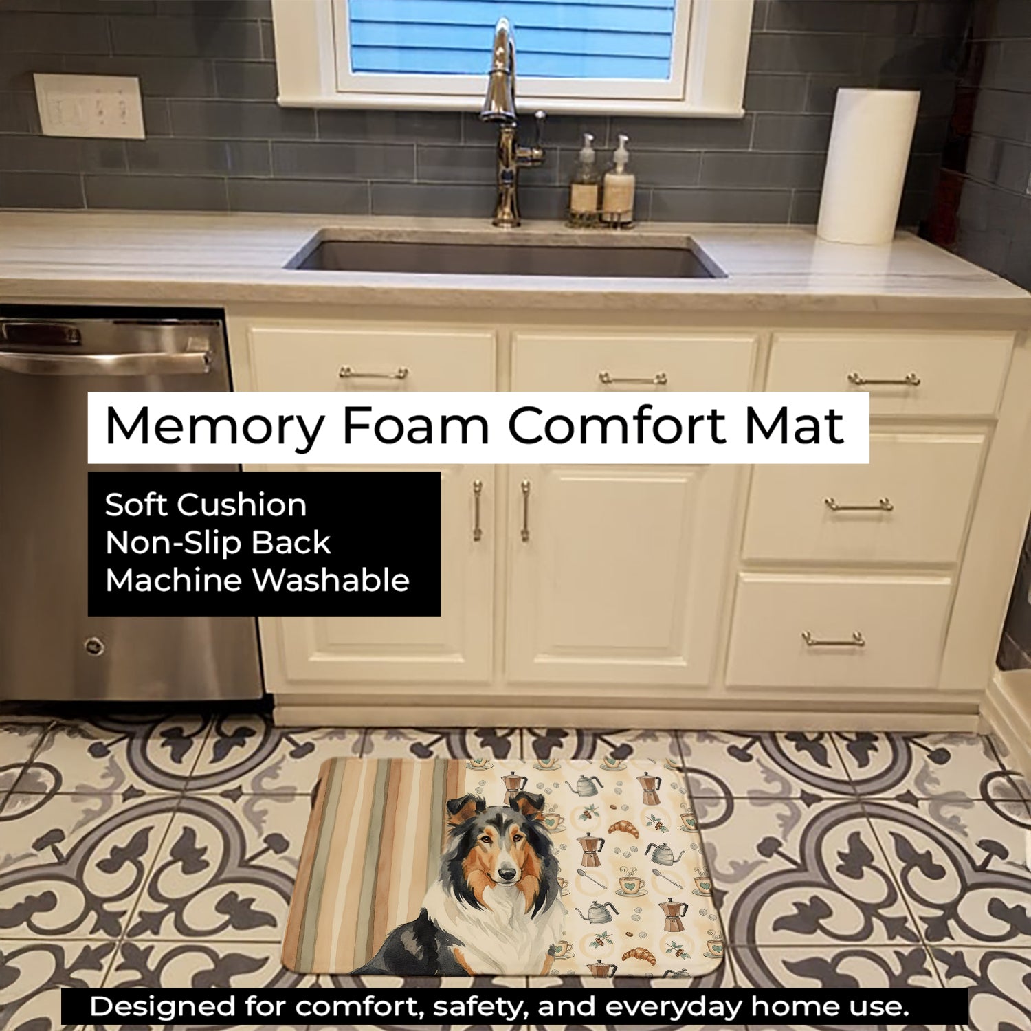 Tricolor Collie Coffee Bar Memory Foam Kitchen Mat Machine Washable Anti-Fatigue Cushion Comfort Bath or Kitchen Rug