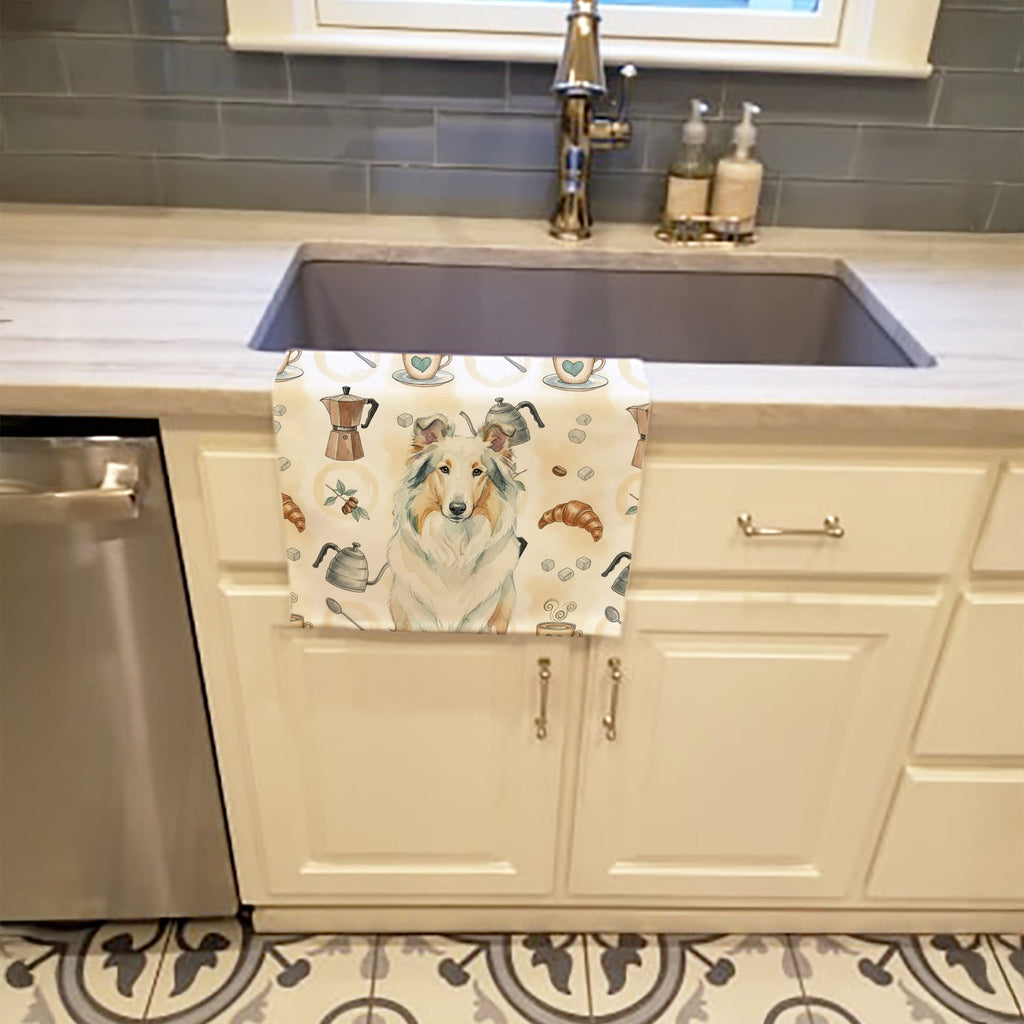 White Collie Coffee Bar Kitchen Towel Velour Plush Front and Cotton Loop Back Machine Washable