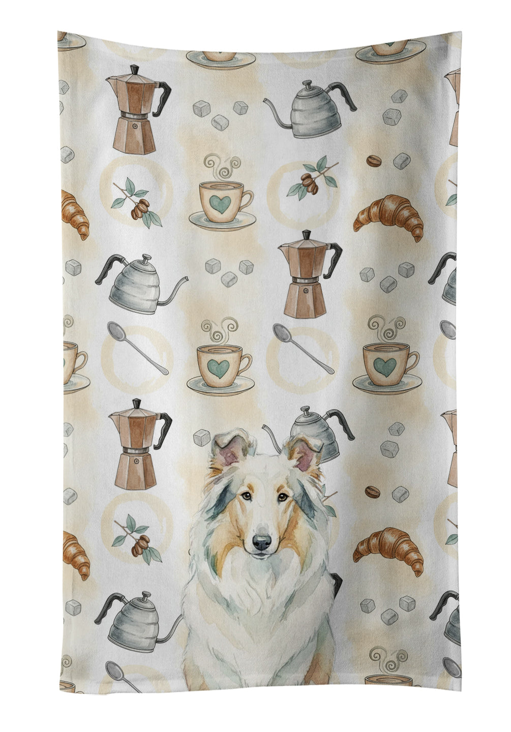 White Collie Coffee Bar Kitchen Towel Velour Plush Front and Cotton Loop Back Machine Washable