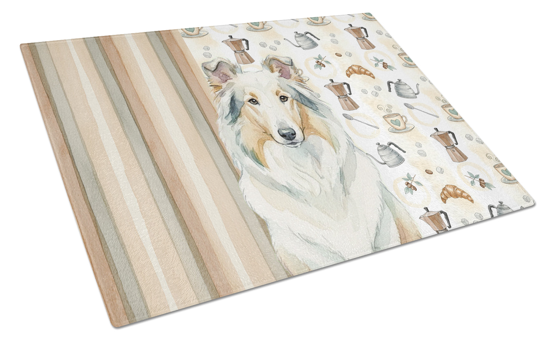 White Collie Coffee Bar Cutting Board Tempered Glass Kitchen Cutting Surface, Heat Resistant Chopping, Non-Slip Feet, Food Prep & Serving