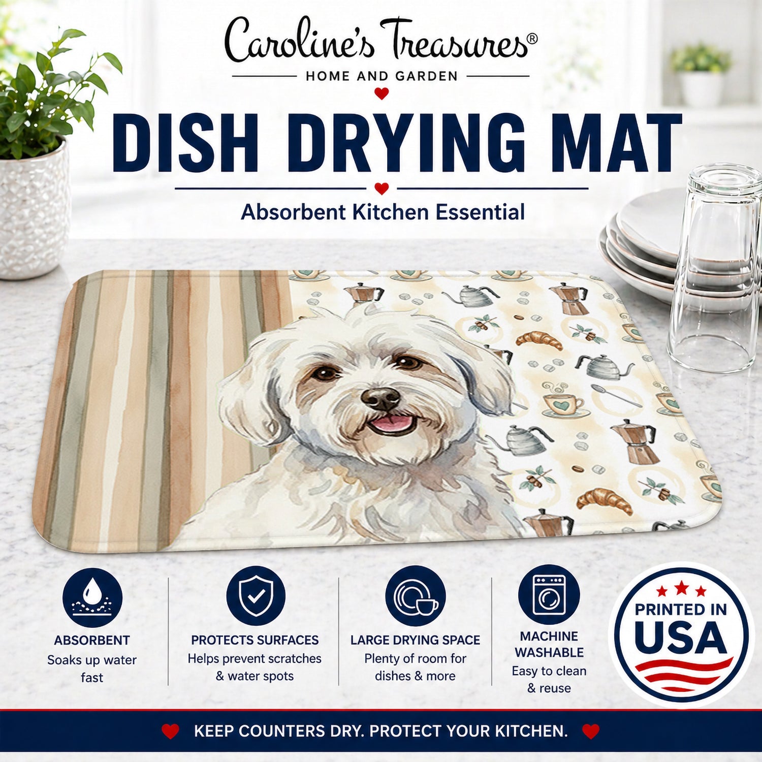 Coton de Tulear Coffee Bar Dish Drying Mat Absorbent Dish Drying Mat Pad for Kitchen Counter Dish Drainer Mat for Countertop, 14 x 21", Multicolor